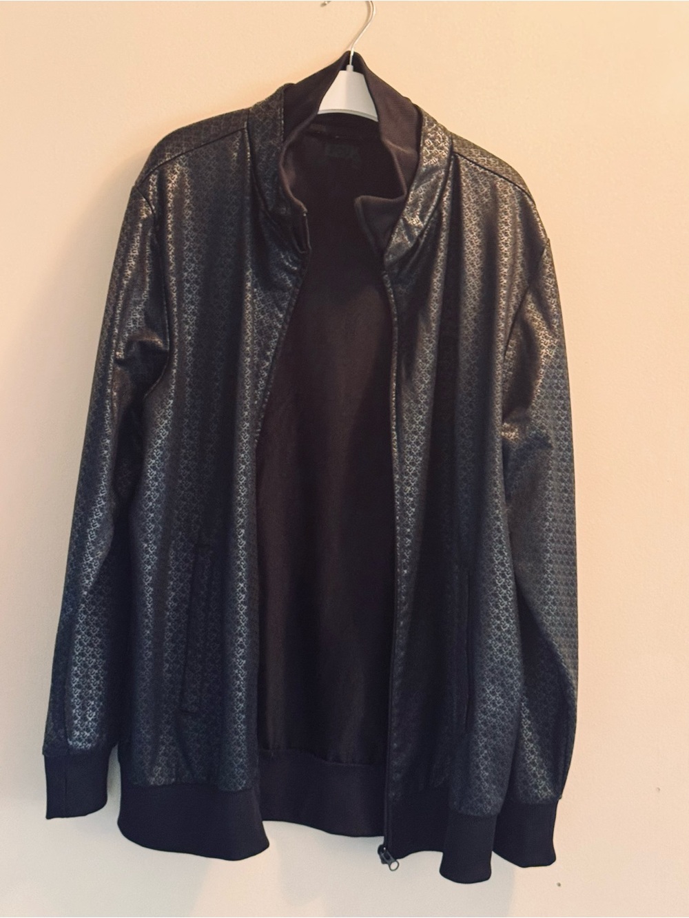 French Connection Men's Black Metallic Monograms Pattern Zip-Front Jacket